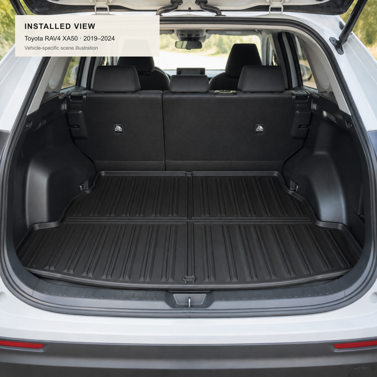 Scene illustration of the W230005827 rear boot liner installed in a Toyota RAV4 XA50 2019–2024 cargo area