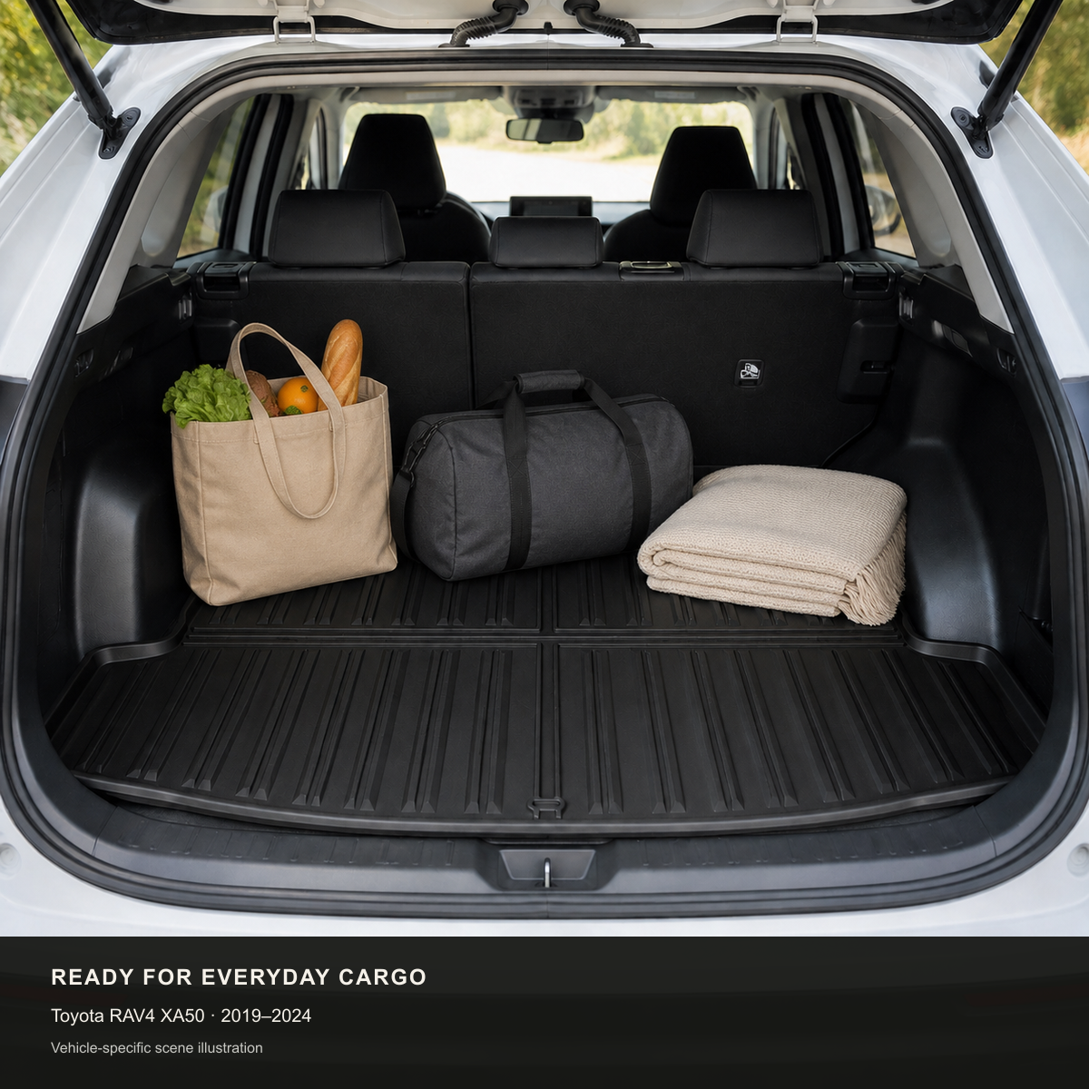 Scene illustration of the W230005827 boot liner carrying everyday cargo in a Toyota RAV4 XA50 2019–2024