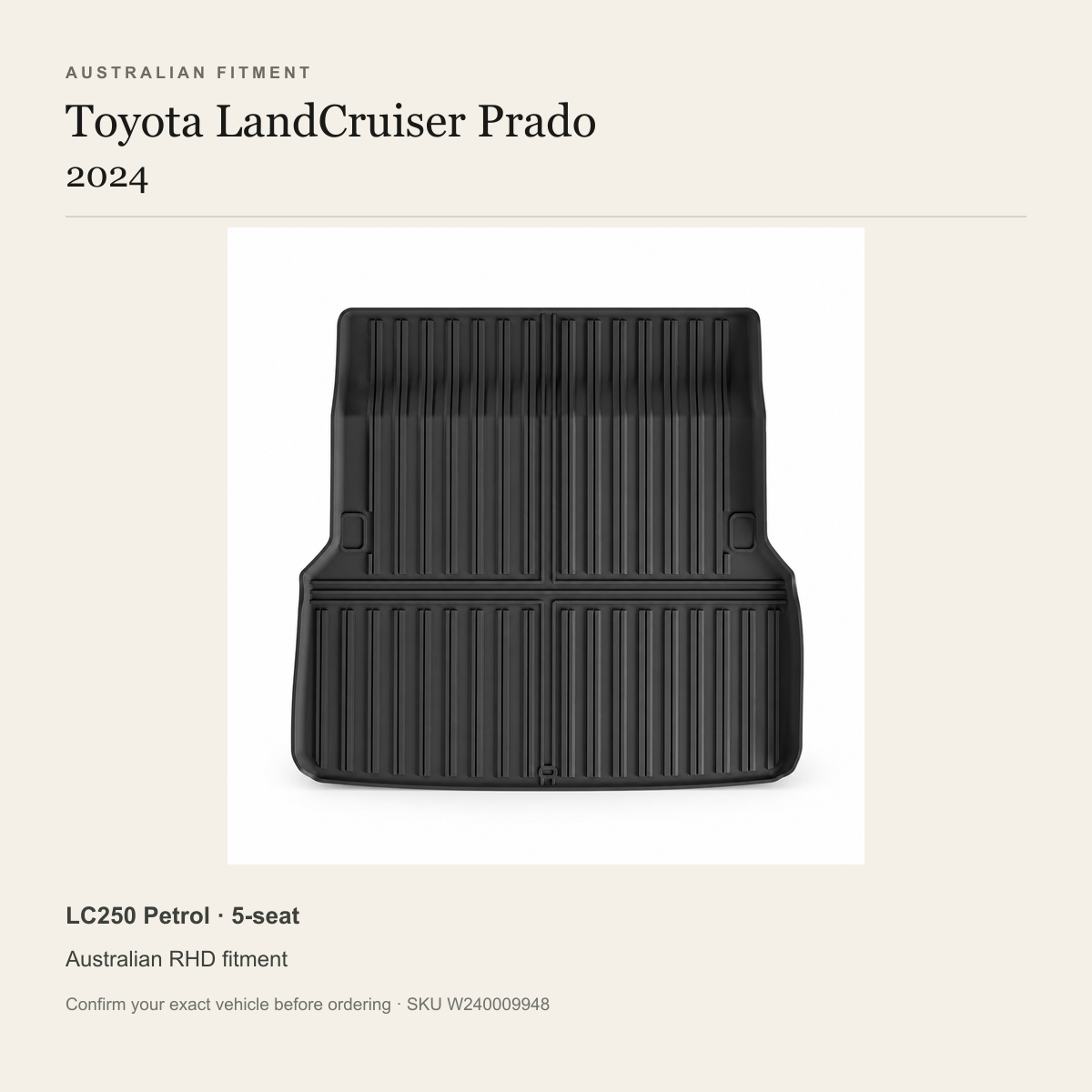 Toyota LandCruiser Prado LC250 2024 5-Seat RHD Rear Boot Liner – 1-Piece - Image 2
