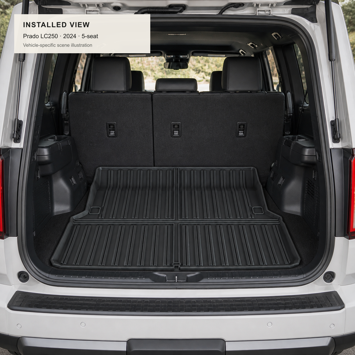Scene illustration of the W240009948 rear boot liner installed in a 2024 Toyota LandCruiser Prado LC250 5-seat cargo area