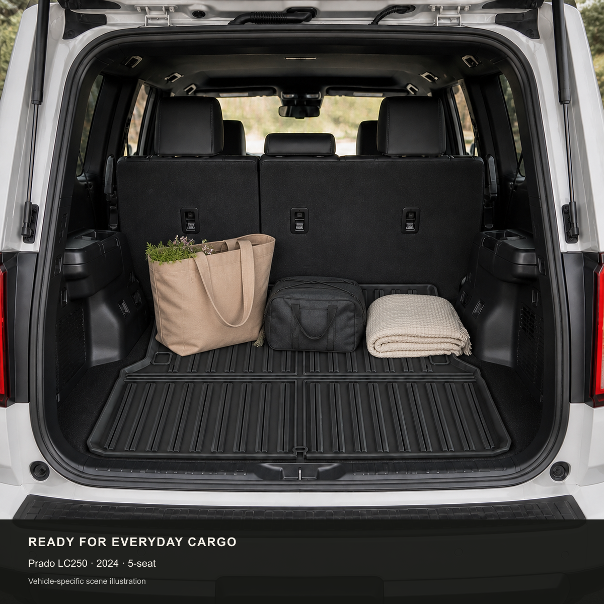 Scene illustration of the W240009948 boot liner carrying everyday cargo in a 2024 Toyota LandCruiser Prado LC250 5-seat model