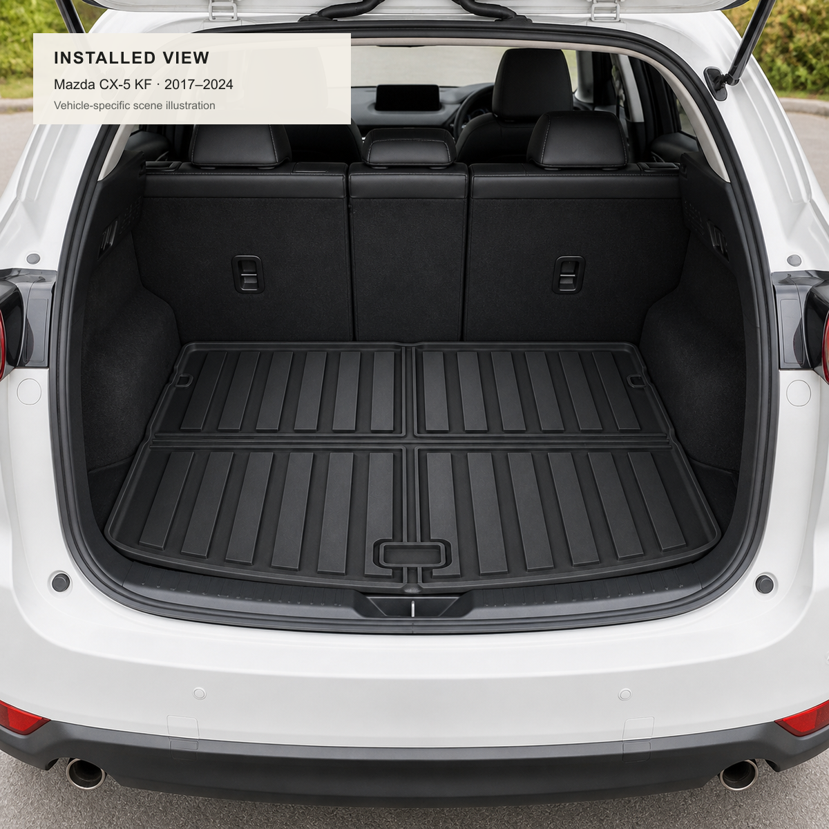 Scene illustration of the W250000764 rear boot liner installed in a Mazda CX-5 KF 2017–2024 cargo area