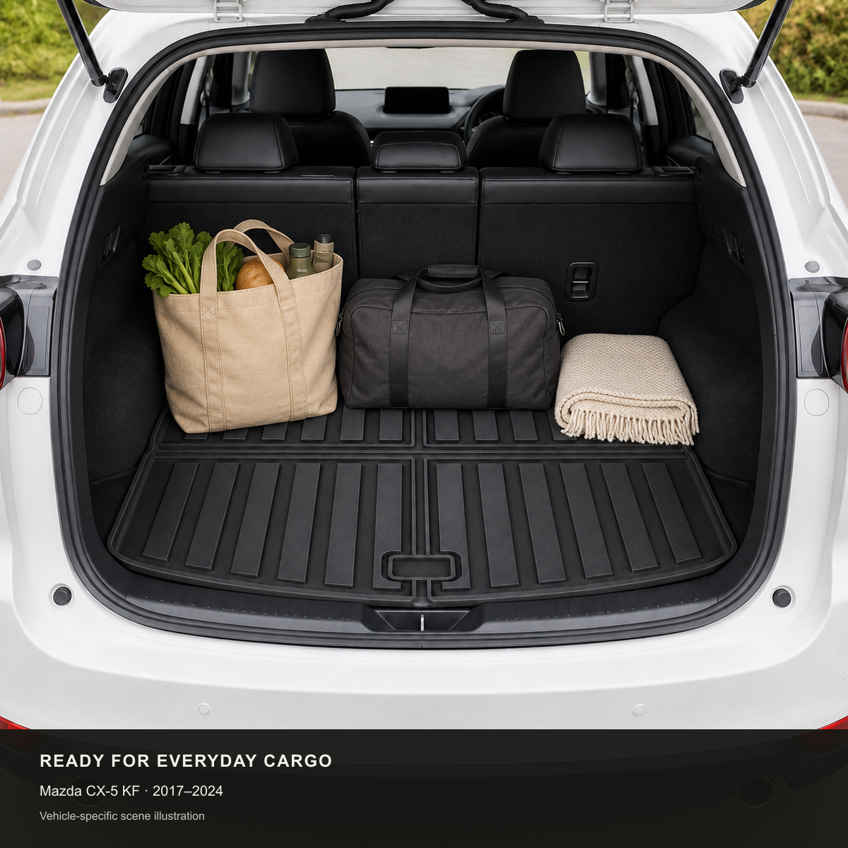 Scene illustration of the W250000764 boot liner carrying everyday cargo in a Mazda CX-5 KF 2017–2024